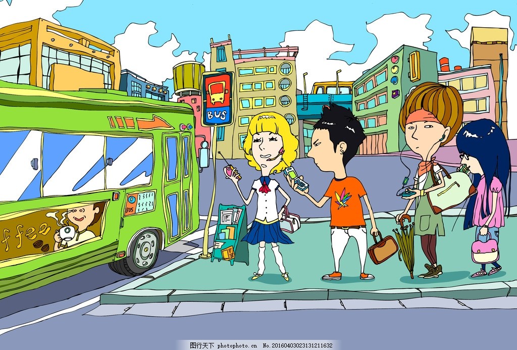 排队等公交车的城市青年,巴士 等巴士 潮流 少年 卡通