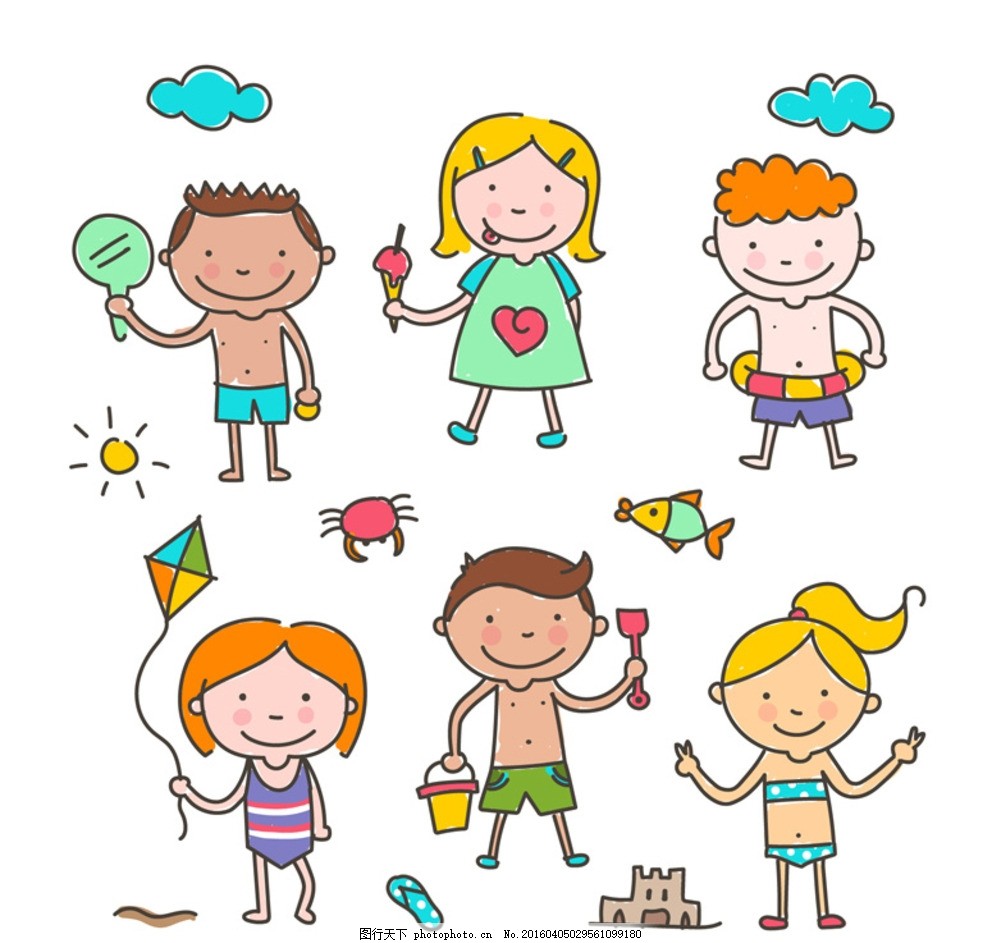 儿童画,云 草地 太阳 球 孩子 彩绘 人物 玩耍-图