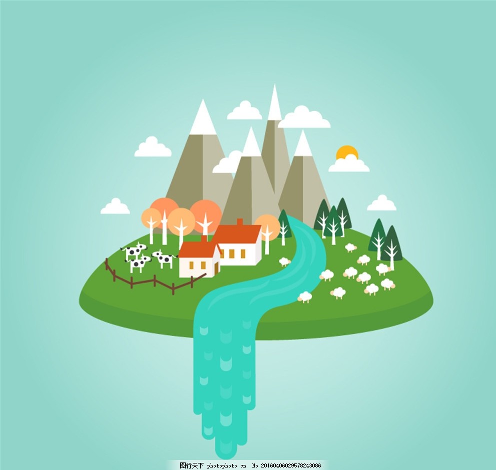 卡通美丽农场矢量素材,房屋 奶牛 绵羊 栅栏 树