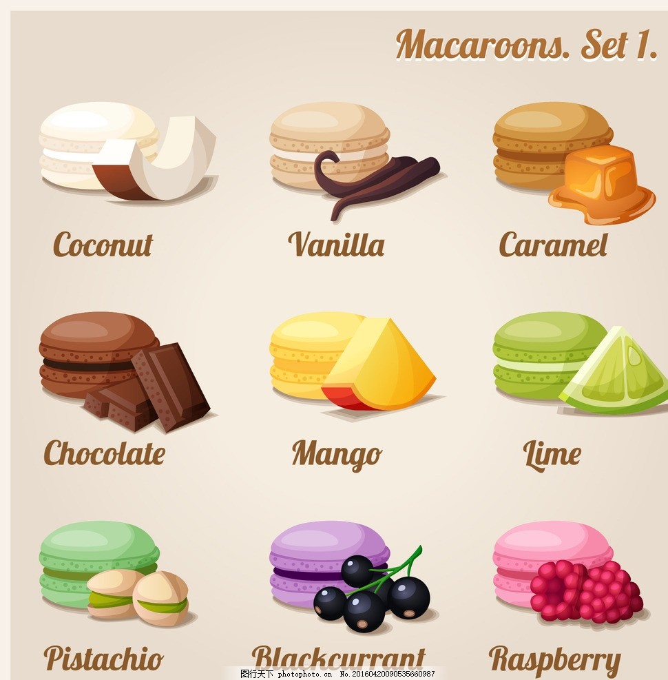 马卡龙,法式甜饼 卡通美食 水果 甜点 插画 广告
