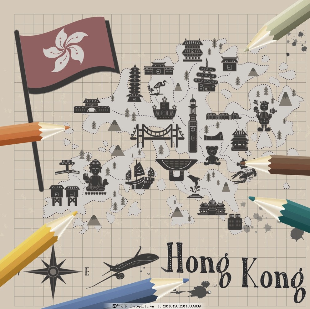 紫荆花铅笔扁平平面地图手绘素材,矢量 香港 卡