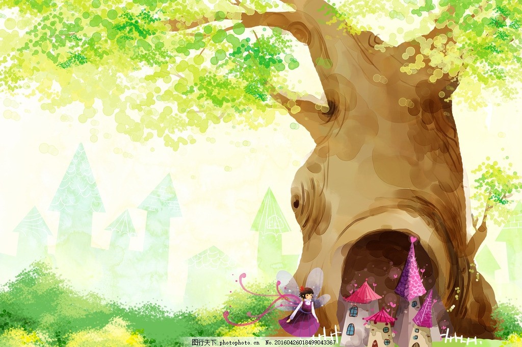 手绘古树里的童话世界 手绘 古树 童话 世界 插画 城堡 大树 树洞