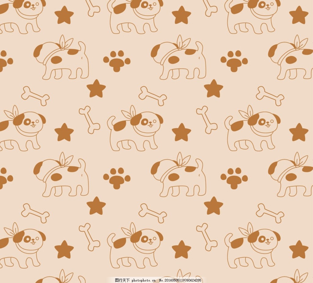 卡通狗和骨头,无缝背景 星星 动物 脚印 宠物 插