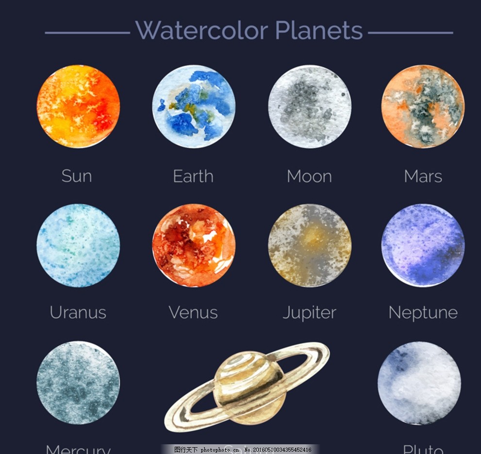 水彩手绘太阳系行星