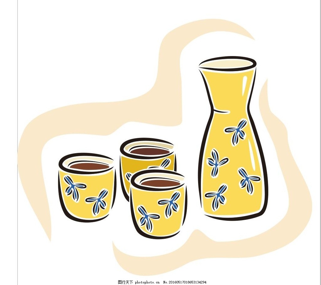 日本酒杯 酒壶 茶杯 茶道 简笔画 线条 线描 简画 黑白画 卡通