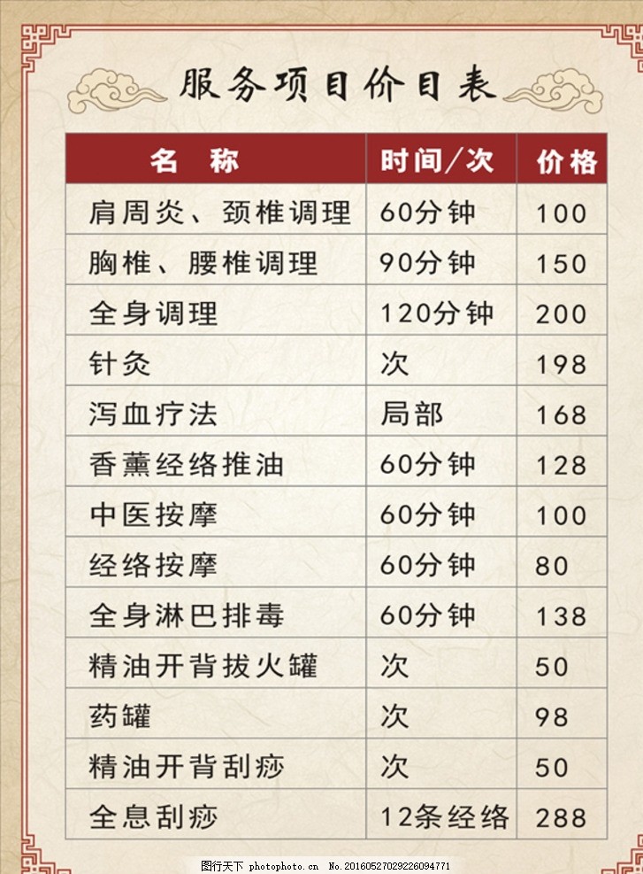 中医理疗养生服务项目价目表图片