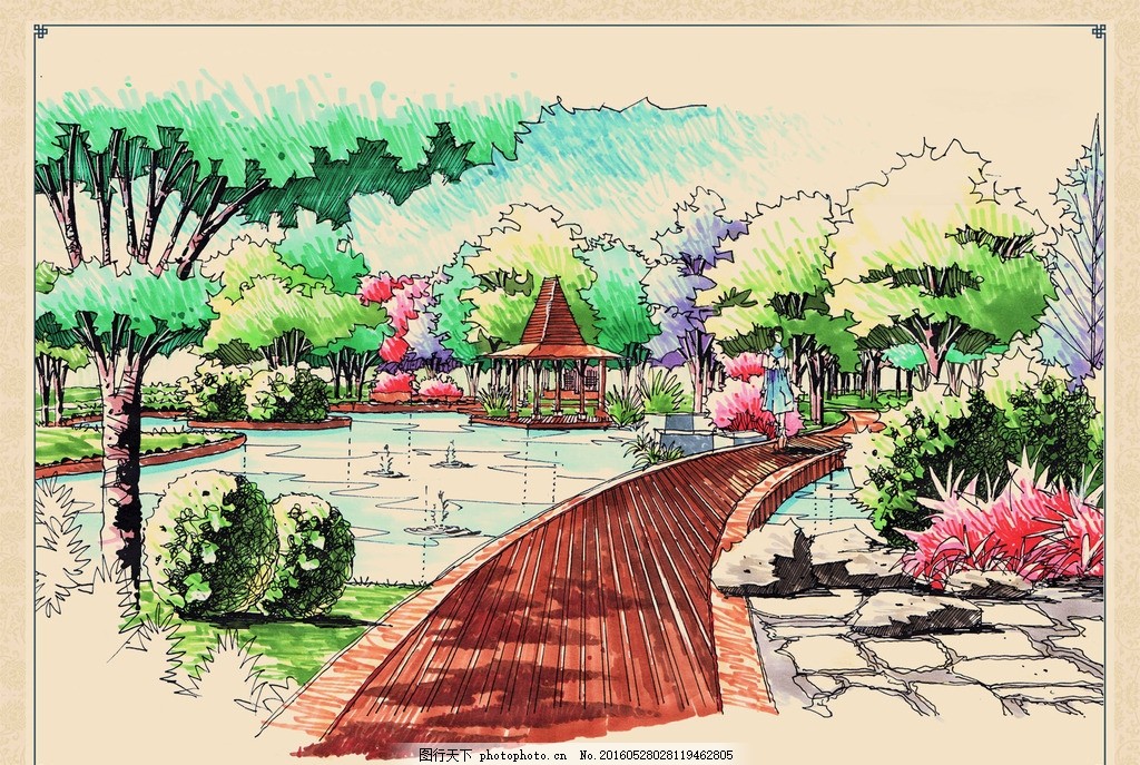 公园手绘景观设计效果图,步道 亭子 石头 喷泉 水池