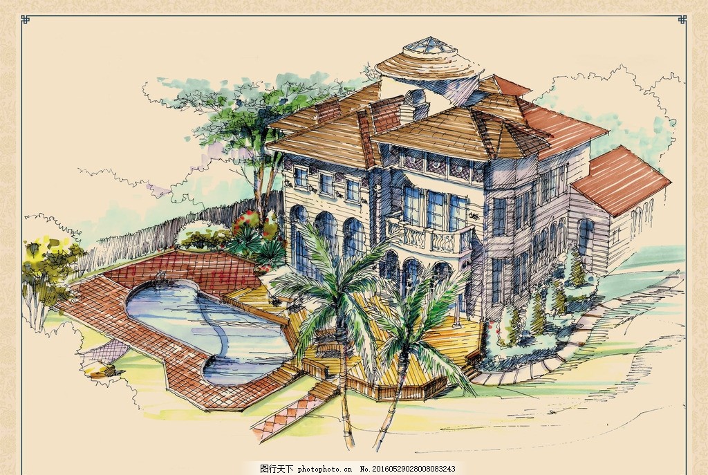 手绘别墅效果图 建筑 欧式 游泳池 椰子树 阳台 窗户 栏杆 风格
