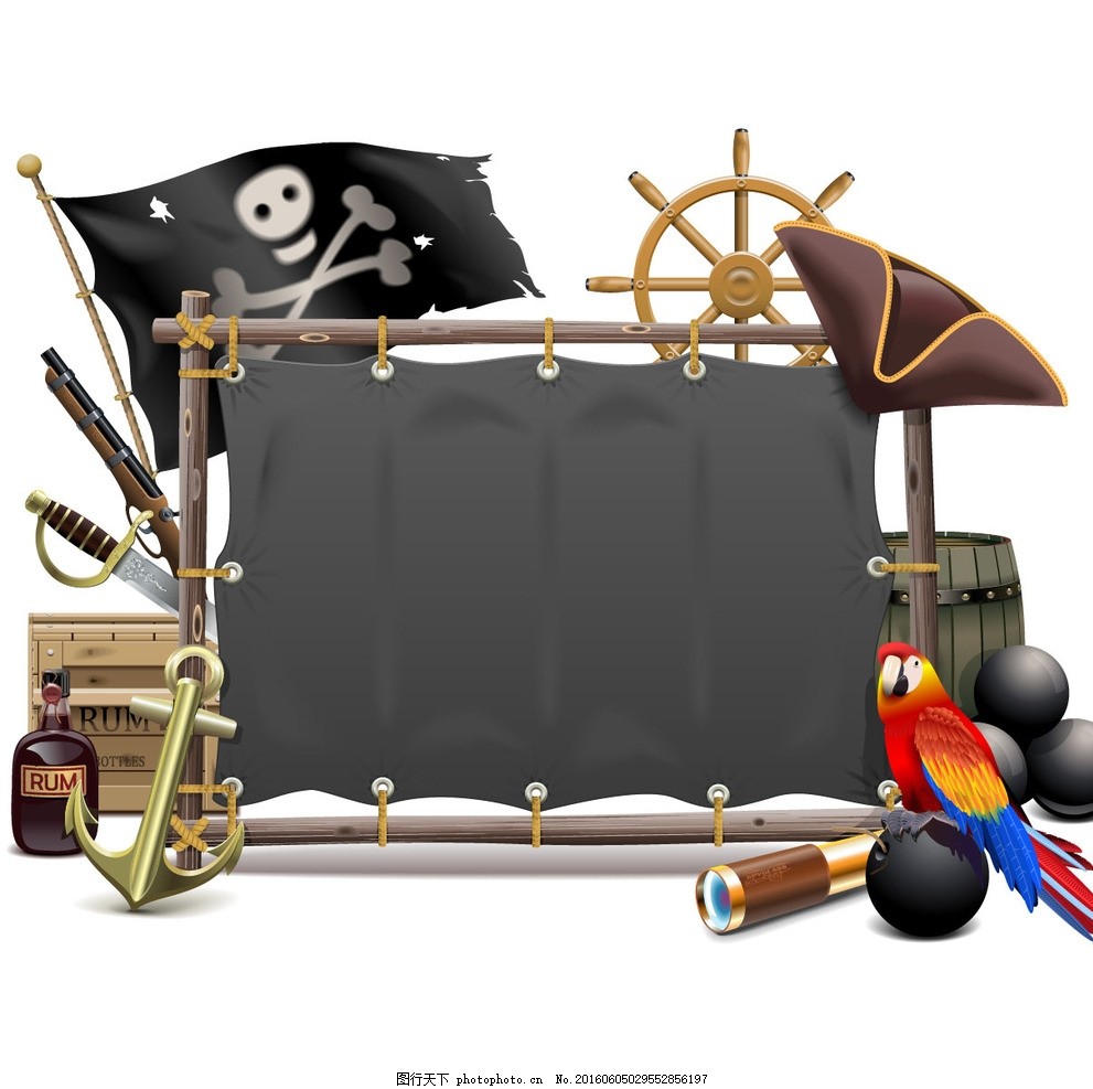 海盗装饰边框,海盗工具 装备 武器 鹦鹉 旗帜 火