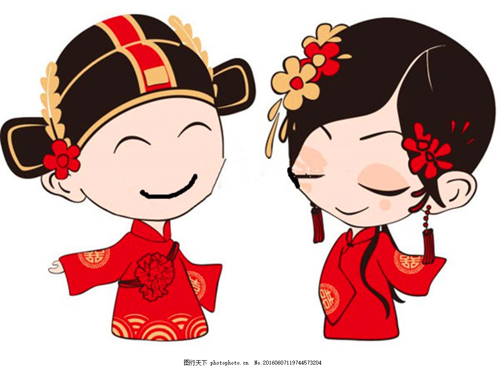 卡通喜庆新郎与娇羞娘子,婚庆 卡通新人 卡通新郎 卡通新娘-图行天下图库