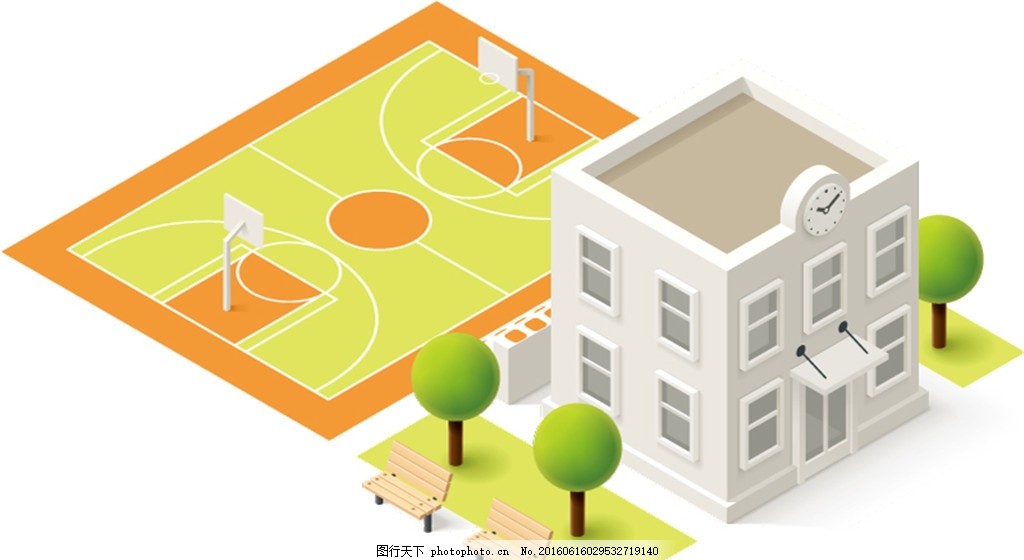 立体校园设计矢量素材,篮球架 篮球场 教学楼 树