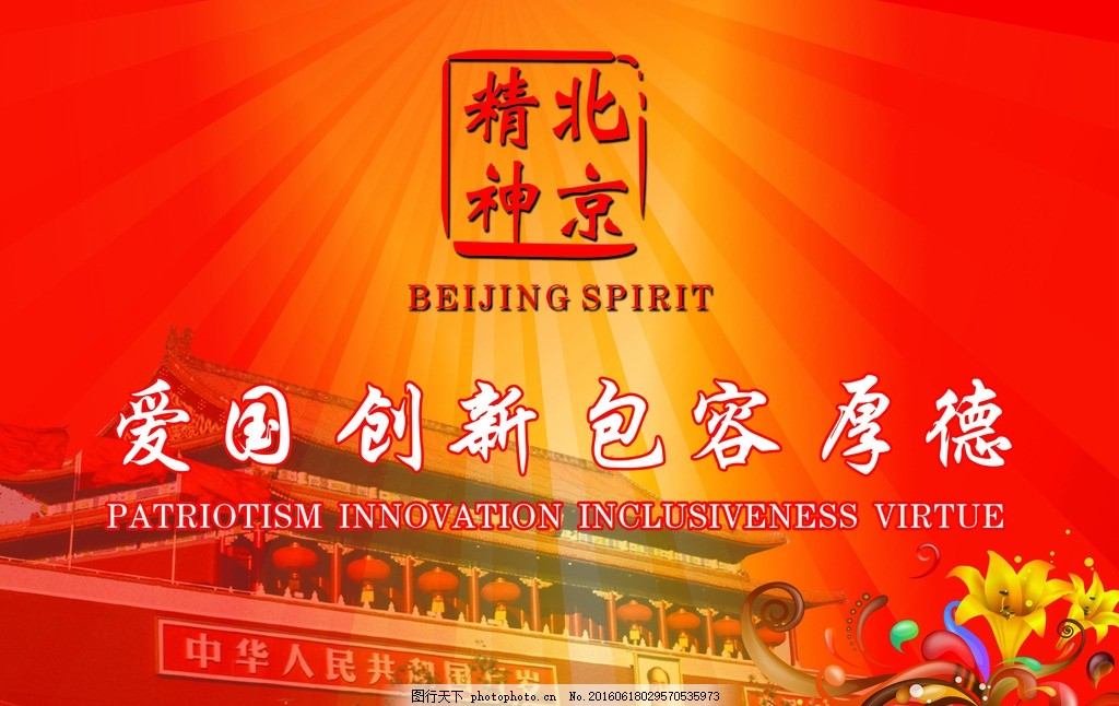 北京精神,模版下载 爱国 创新 包容 厚德 英文 天