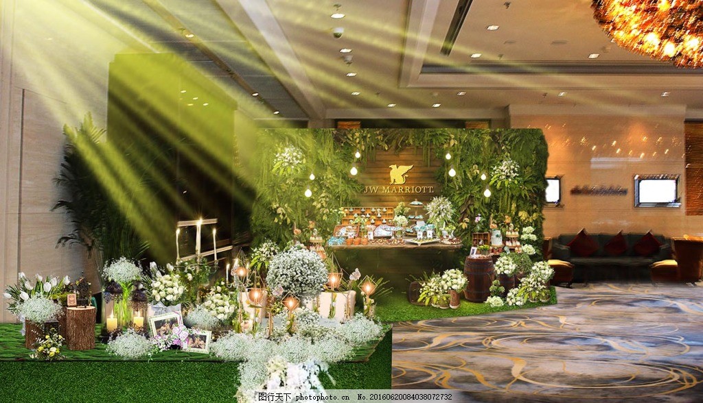 森系婚礼效果图,签到台 灯光 蜡烛 满天星 木板