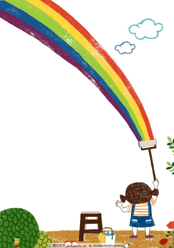 手绘彩虹,小女孩 刷子 刷彩虹 手绘场景 板凳 油