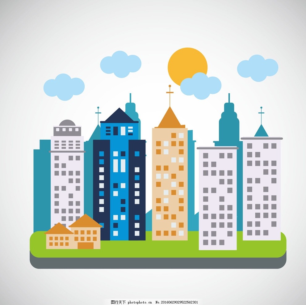 扁平化建筑,卡通建筑扁平化高楼高楼大厦卡通高楼大厦-图行天下图库